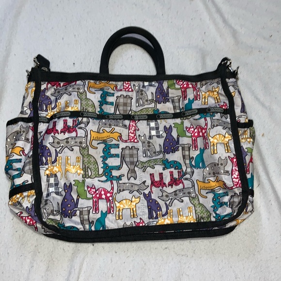Le Sportsac multipurpose tote bag cat pattern rare find Gray with cats all over - Picture 1 of 14